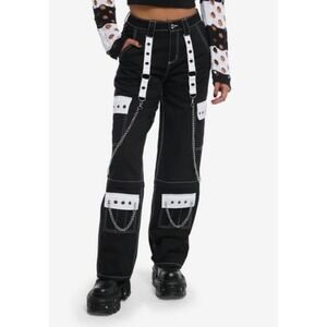Hot Topic Juniors Black White Contrast Stitch Chain Cargo Pants Size 13 Goth
